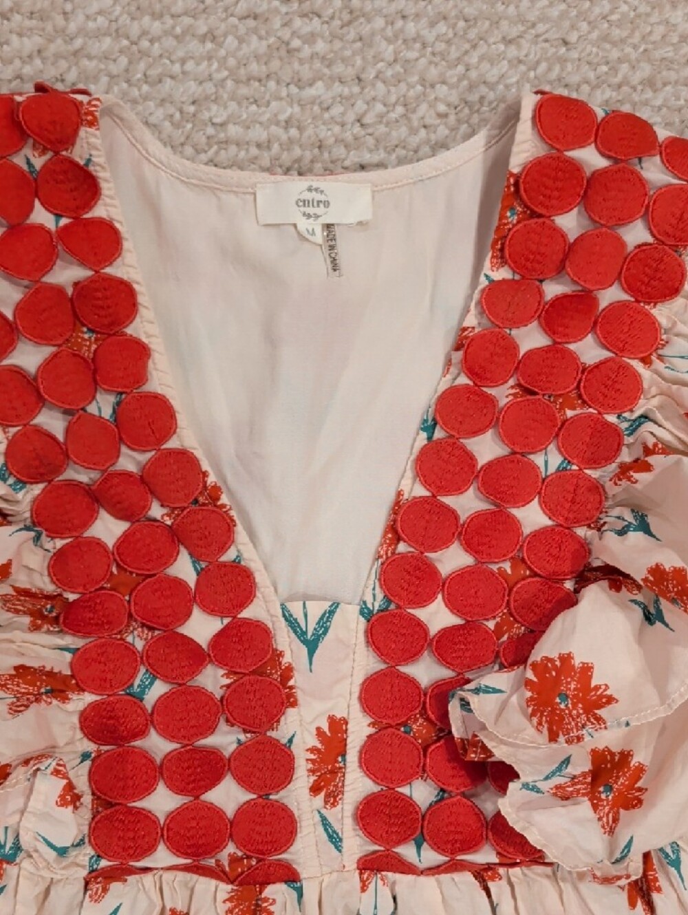 entro Cream Floral Peplum Top with Orange Embroidered Trim - Picture 3 of 4